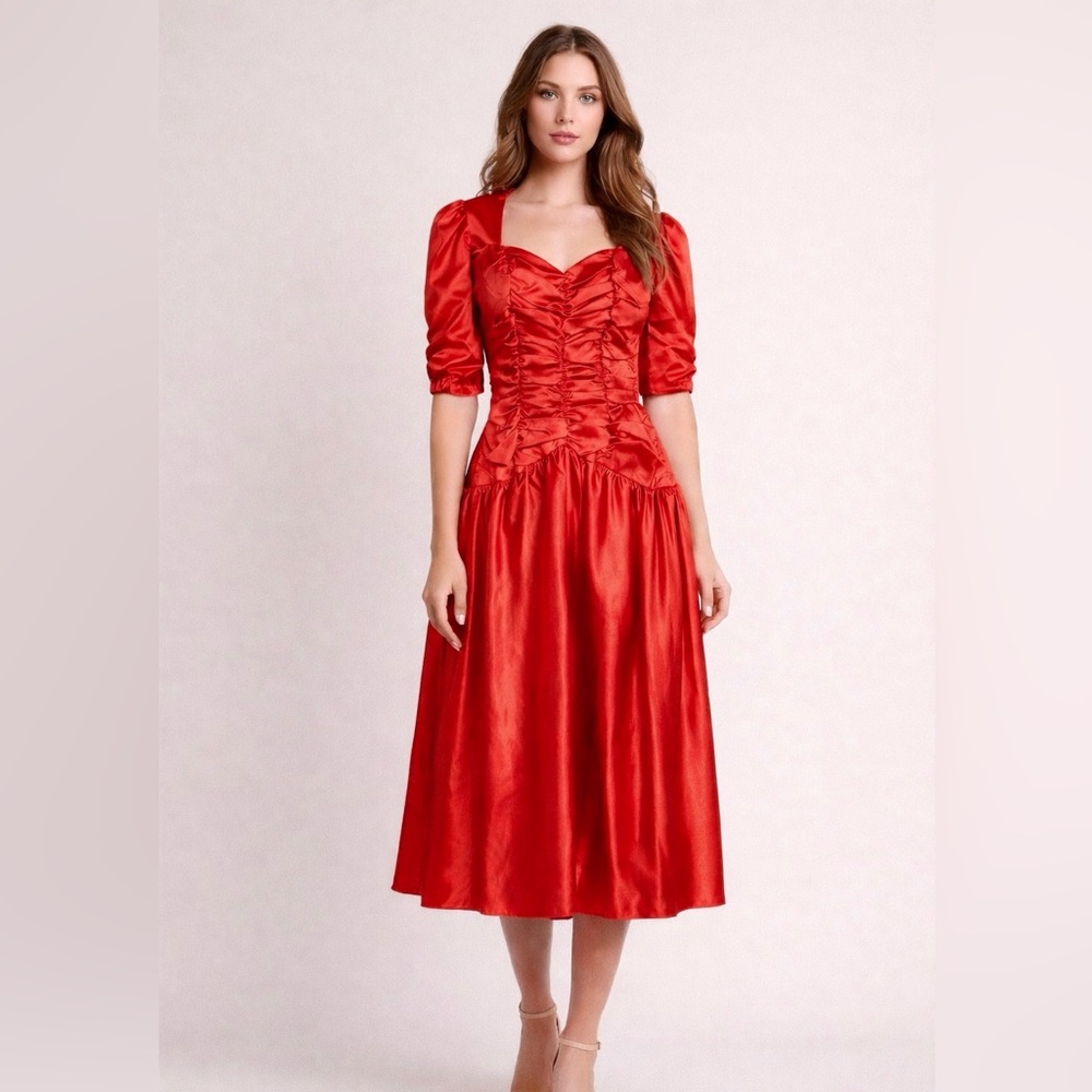 Vintage Red Satin Bombshell Puff Sleeve Ruched‎ Bow Back Party Prom Dress